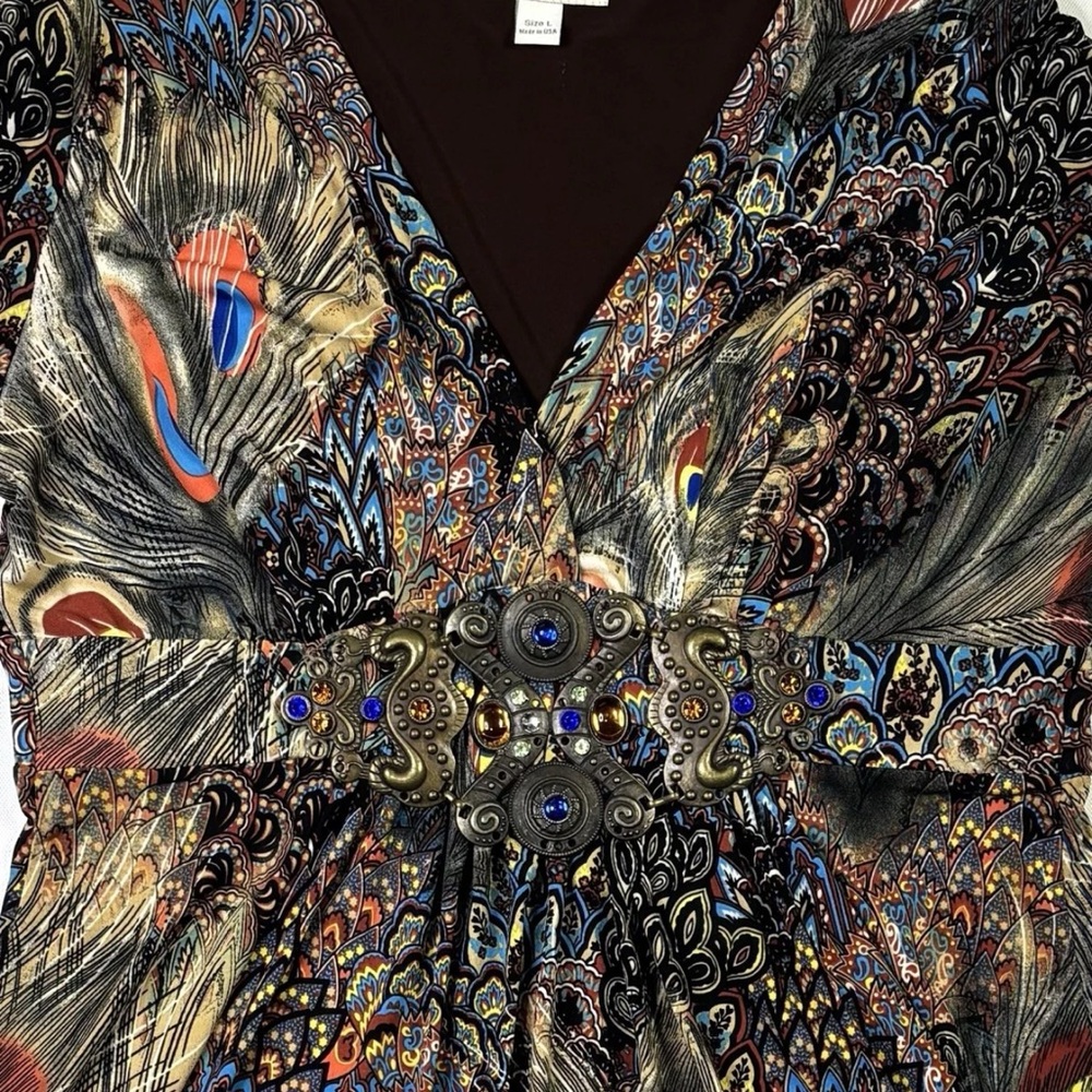 Boston Proper Top Womens Large Jeweled Peacock Print Long Sleeve V-Neck USA Made - Picture 10 of 13